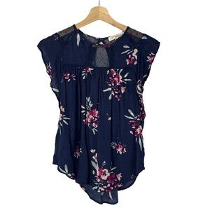 Rewind Navy Blue Floral Short Sleeve Ruffle Blouse XS